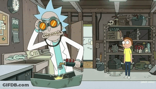 A Cartoon Of Rick And Morty In A Kitchen With A Sign That Says " Time Travel Stuff " GIF
