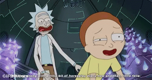 A Cartoon Of Rick And Morty Saying " Nothing Wrong With A Little Bit Of Horseplay Every Now And Then " GIF