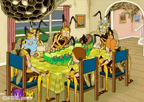 A Cartoon Of Rick And Morty Sitting Around A Table With A Caterpillar In The Middle GIF