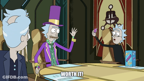 A Cartoon Of Rick And Morty Sitting Around A Table With Worth It Written On It GIF
