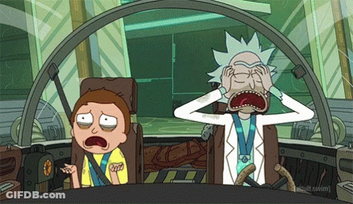 A Cartoon Of Rick And Morty Sitting In A Car With Their Mouths Wide Open GIF