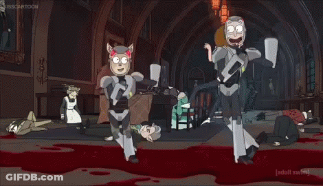A Cartoon Of Rick And Morty Standing In A Room With Blood On The Floor GIF