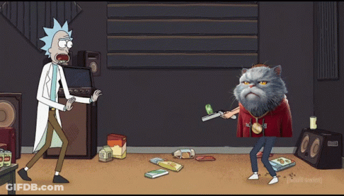 A Cartoon Of Rick And Morty With A Cat Pointing A Gun At Rick GIF