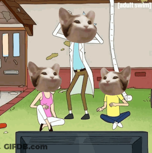 A Cartoon Of Rick And Morty With Two Cats With Their Heads On The Screen GIF