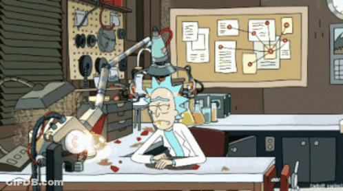 A Cartoon Of Rick From Rick And Morty Sitting At A Table GIF