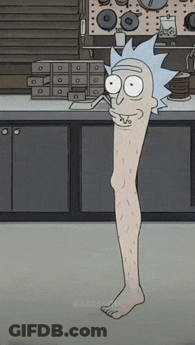 A Cartoon Of Rick From Rick And Morty With A Long Leg GIF