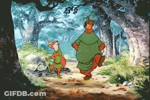 A Cartoon Of Robin Hood And A Fox Walking Through A Forest GIF