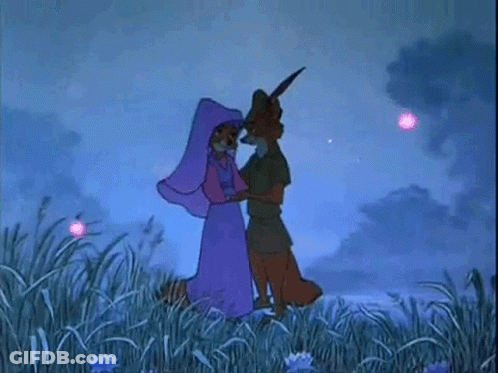 A Cartoon Of Robin Hood And A Princess Dancing In A Field . GIF