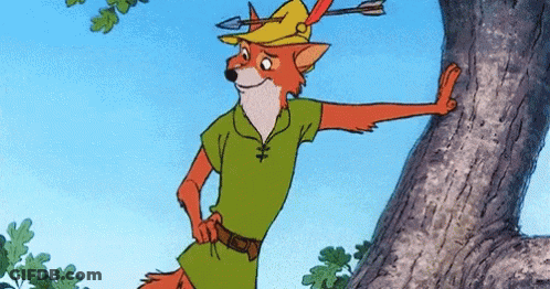 A Cartoon Of Robin Hood Leaning Against A Tree With An Arrow In His Hat GIF