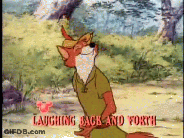 A Cartoon Of Robin Hood With The Words Laughing Back And Forth Behind Him GIF