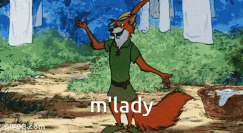 A Cartoon Of Robin Hood With The Words M 'Lady Below Him GIF