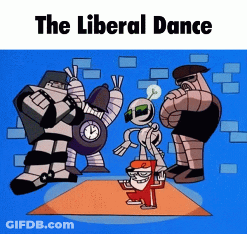 A Cartoon Of Robots Dancing With The Words " The Liberal Dance " Above Them GIF