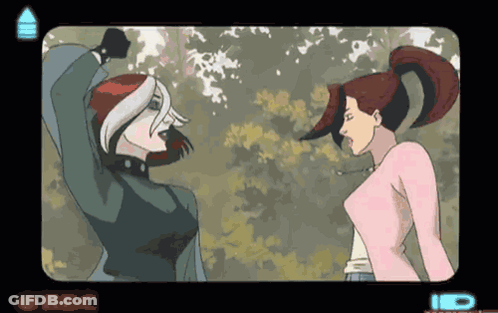 A Cartoon Of Rogue And Jean Grey Standing Next To Each Other On A Screen That Says Rbc GIF