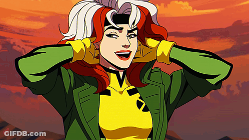 A Cartoon Of Rogue From The X-Men Holding Her Hands To Her Head GIF