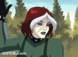 A Cartoon Of Rogue From The X-Men Standing In Front Of Trees . GIF