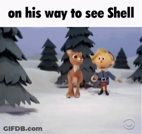 A Cartoon Of Rudolph The Red Nosed Reindeer Standing Next To An Elf In The Snow GIF