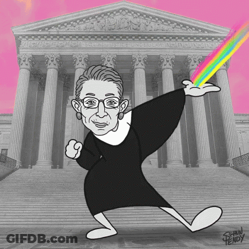 A Cartoon Of Ruth Bader Ginsburg Dancing In Front Of The Supreme Court GIF