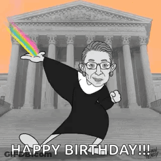 A Cartoon Of Ruth Bader Ginsburg Is Dancing In Front Of A Supreme Court Building . GIF