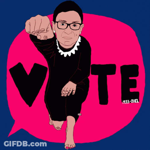 A Cartoon Of Ruth Bader Ginsburg With The Words Vote 1933-2022 GIF
