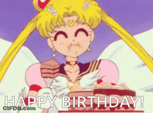 A Cartoon Of Sailor Moon Holding A Cake And Saying Happy Birthday . GIF