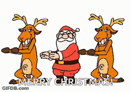 A Cartoon Of Santa Claus And Three Reindeer Dancing Together . GIF