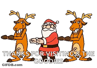 A Cartoon Of Santa Claus And Two Reindeer Dancing Together . GIF