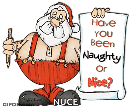 A Cartoon Of Santa Claus Holding A Pencil And A Scroll That Says " Have You Been Naughty Or Nice " GIF