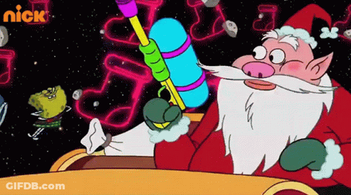 A Cartoon Of Santa Claus Holding A Water Gun With A Nick Logo Behind Him GIF