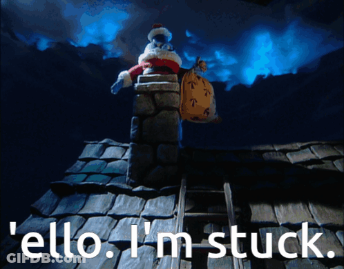 A Cartoon Of Santa Claus On A Chimney With The Words " Hello I 'M Stuck " GIF