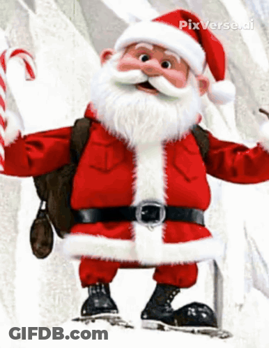 A Cartoon Of Santa Claus On Skis With A Bag Of Candy Canes GIF