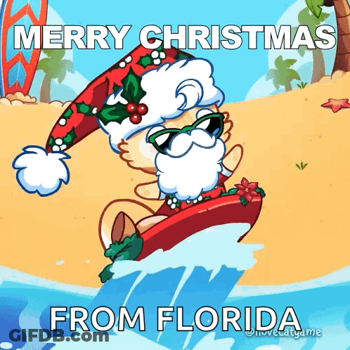 A Cartoon Of Santa Claus Riding A Surfboard In The Ocean With The Words Merry Christmas From Florida GIF