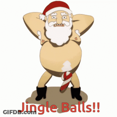A Cartoon Of Santa Claus With A Candy Cane In His Penis And The Words Jingle Balls Below Him GIF