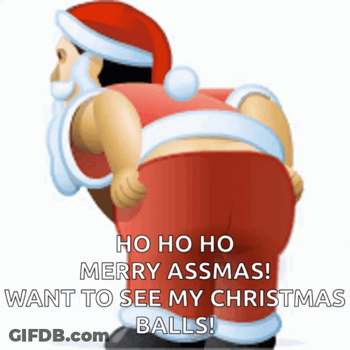 A Cartoon Of Santa Claus With The Words Ho Ho Ho Merry Assmas Want To See My Christmas Balls On The Bottom GIF