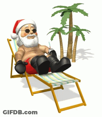 A Cartoon Of Santa Sitting On A Beach Chair GIF