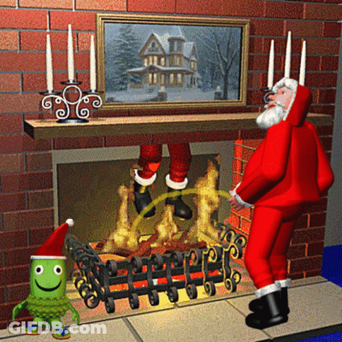 A Cartoon Of Santa Standing In Front Of A Fireplace With Candles GIF