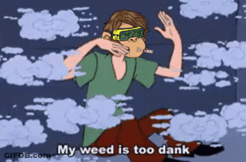 A Cartoon Of Shaggy Smoking A Cigarette And Saying My Weed Is Too Dank GIF