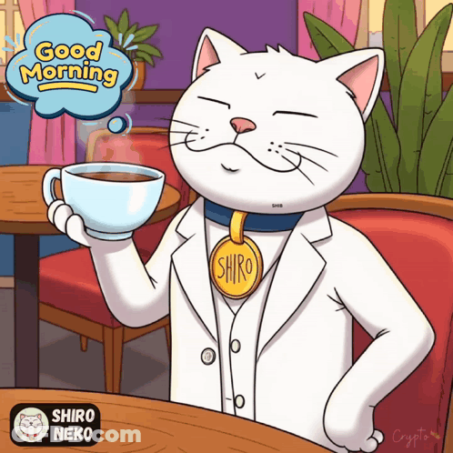 A Cartoon Of Shiro Neko Holding A Cup Of Coffee With A Good Morning Speech Bubble GIF