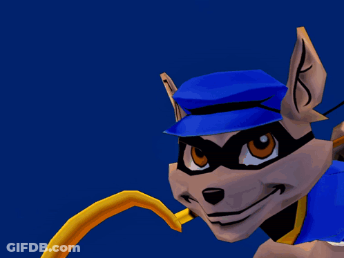 A Cartoon Of Sly Cooper The Thief With A Blue Hat On GIF