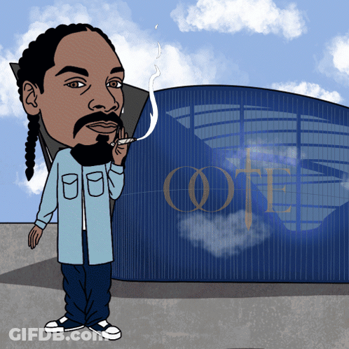 A Cartoon Of Snoop Dogg Smoking A Cigarette In Front Of A Cote Building GIF