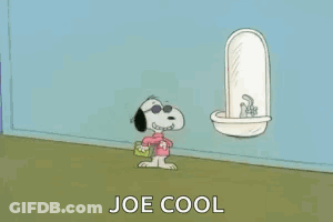 A Cartoon Of Snoopy And A Girl Standing Next To A Urinal With The Words Joe Cool Below Them . GIF