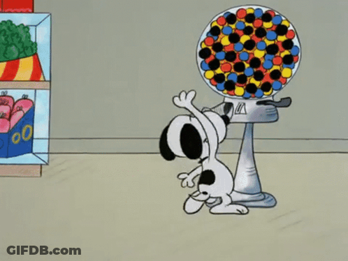 A Cartoon Of Snoopy And A Gumball Machine GIF