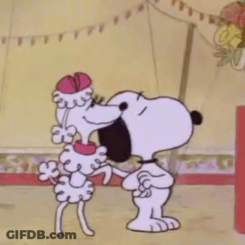 A Cartoon Of Snoopy And A Poodle Kissing Each Other . GIF