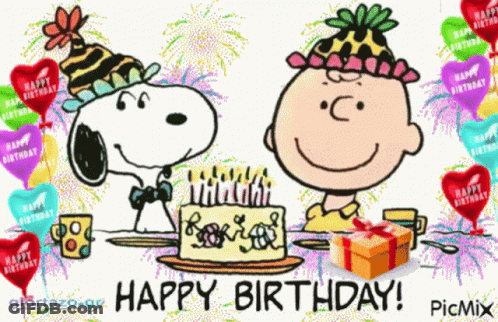 A Cartoon Of Snoopy And Charlie Brown Celebrating A Birthday GIF