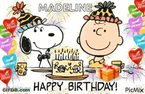 A Cartoon Of Snoopy And Charlie Brown Celebrating Madeline 'S Birthday GIF