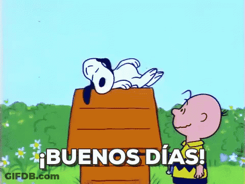 A Cartoon Of Snoopy And Charlie Brown Says Buenos Dias In Spanish GIF
