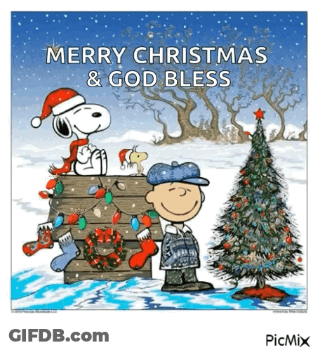 A Cartoon Of Snoopy And Charlie Brown Standing Next To A Christmas Tree GIF