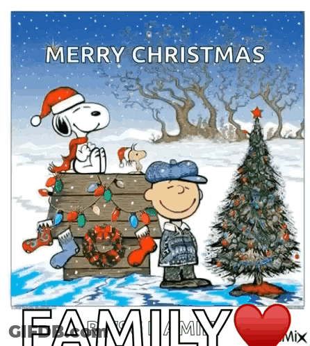 A Cartoon Of Snoopy And Charlie Brown Standing Next To A Christmas Tree GIF