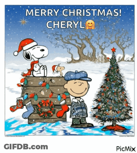 A Cartoon Of Snoopy And Charlie Brown Standing Next To A Christmas Tree With The Caption Merry Christmas Cheryl GIF