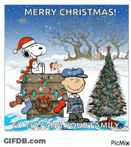 A Cartoon Of Snoopy And Charlie Brown Standing Next To A Christmas Tree GIF