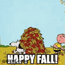 A Cartoon Of Snoopy And Charlie Brown Standing Next To A Pile Of Leaves That Says Happy Fall ! GIF